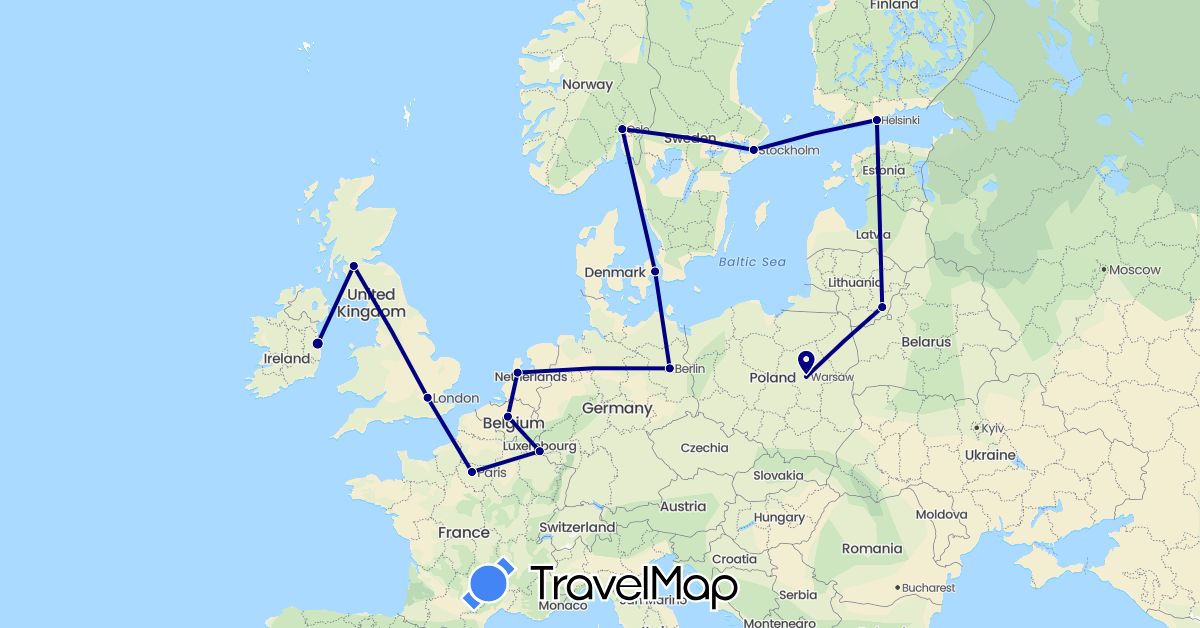 TravelMap itinerary: driving in Belgium, Germany, Denmark, Finland, France, United Kingdom, Ireland, Lithuania, Luxembourg, Netherlands, Norway, Poland, Sweden (Europe)
